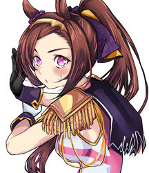  akegata_tobari animal_ears asymmetrical_gloves breasts brown_hair capelet ear_ornament female flower_in_eye gloves gold_hairband hairband high_ponytail highres horse_ears horse_girl looking_at_viewer medium_breasts medium_hair mismatched_gloves pose sakura_bakushin_o_(umamusume) solo symbol-shaped_pupils symbol_in_eye umamusume 