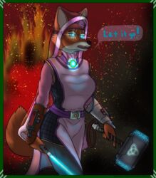  absurd_res angry anthro armor blue_lightsaber bottomwear canid canine clothing disney dress female fleety_(artist) fox gauntlets gloves hammer handwear hi_res infinity_stone jewelry lightsaber maid_marian mammal melee_weapon mjolnir pants pendant red_fox robin_hood_(disney) solo star_wars tools true_fox weapon 