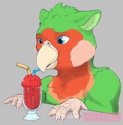  2020 anthro avian beak beverage bird blue_eyes blue_straw budgerigar clothed clothing conditional_dnp drinking ears_down feathers feet food glass green_body green_feathers green_inner_ear_fluff grey_background inner_ear_fluff loriinae nakoo parakeet parrot pivoted_ears red_body red_feathers signature simple_background solo straw_(disambiguation) talon_hands talons tan_beak tan_hands toes topless topless_anthro true_parrot tuft yellow_straw 