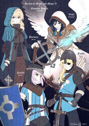  1boy 3girls absurdres androgynous angel angel_wings aqua_hair armor arrow_(projectile) barbara_(genshin_impact) belt belt_buckle black_gloves black_hair black_pants blackletter blonde_hair blue_eyes blue_gemstone blue_jacket blue_shirt bow_(weapon) braid breastplate brown_belt buckle celtic_cross chainmail chains character_name closed_mouth clothes_writing colored_tips commentary copyright_name cowboy_shot cross cross_fleury crossover dark_background double-parted_bangs english_commentary english_text expressionless eyepatch feathered_wings fischl_(genshin_impact) frown gauntlets gem genshin_impact german_text gloves gradient_hair green_eyes grey_gloves grey_hair hair_between_eyes hand_on_hilt helmet heroes_of_might_and_magic highres holding holding_bow_(weapon) holding_cross holding_shield holding_weapon hood hood_up hooded_jacket jacket juliet_sleeves latin_cross long_hair long_sleeves looking_ahead looking_at_viewer medieval multicolored_hair multiple_girls noelle_(genshin_impact) orange_gemstone otoko_no_ko pants priest puffy_sleeves purple_gemstone qiwiq quiver serious sheath sheathed shield shirt sidelocks smile sword twin_braids two-tone_gloves upper_body venti_(genshin_impact) weapon white_hood white_wings wings wrist_guards 