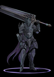  1boy absurdres armor bad_id bad_pixiv_id black_background breastplate cape fake_horns gauntlets greatsword greaves helm helmet highres holding holding_sword holding_weapon horned_headwear horned_helmet horns king&#039;s_raid male_focus meganeno_dokitsui over_shoulder pauldrons purple_cape shoulder_armor simple_background solo standing sword sword_over_shoulder vambraces weapon weapon_over_shoulder 