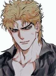  1boy alternate_eye_color black_shirt blonde_hair collar dio_brando frown green_eyes highres jojo_no_kimyou_na_bouken josukemanura korean_commentary lips male_focus mole mole_on_ear muscular muscular_male nose phantom_blood shirt short_hair simple_background solo white_background 