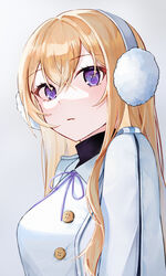  absurdres alchemy_stars bethlehem_(alchemy_stars) blonde_hair coat crossed_bangs earmuffs female hair_between_eyes highres long_hair looking_at_viewer neck_ribbon non09_24 parted_lips purple_eyes ribbon solo upper_body white_coat 