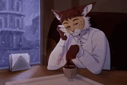  2021 aidan_(sryer) animated anthro beverage clothed clothing coffee digital_media_(artwork) eurasian_lynx felid feline fur hair hi_res lynx male mammal novikjpg raining short_playtime solo 