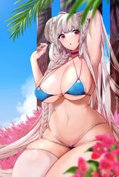  absurdly_long_hair arm_behind_head azur_lane bikini blue_bikini blue_sky braid braided_bun breasts choker criss-cross_halter day double_bun feather_boa female formidable_(azur_lane) formidable_(the_lady_of_the_beach)_(azur_lane) hachimitsu_hinako hair_bun halterneck huge_breasts long_hair looking_at_viewer multi-strapped_bikini_bottom multi-strapped_bikini_top official_alternate_costume outdoors palm_leaf pink_choker platinum_blonde_hair purple_choker purple_eyes single_thighhigh skindentation sky solo swimsuit thighhighs twin_braids very_long_hair white_thighhighs 