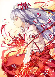  absurdres ahoge arm_up aura bow buttons closed_mouth collared_shirt female fire fish.boy from_side fujiwara_no_mokou grey_hair hairbow highres juliet_sleeves long_hair long_sleeves multicolored_bow multiple_bows ofuda ofuda_on_clothes pants puffy_sleeves pyrokinesis red_bow red_eyes red_pants serious shirt solo standing suspenders touhou white_background white_bow white_shirt 