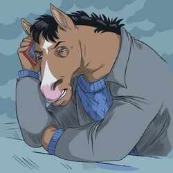  1:1 2020 anthro black_mane bojack_horseman bojack_horseman_(character) cellphone clothing diamond_(marking) electronics equid equine facial_markings head_markings hi_res horse jacket male mammal mane markings netflix phone solo sweater topwear wendi_g0 