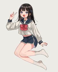  :d akebi-chan_no_serafuku akebi_komichi blue_sailor_collar blue_shorts blush commentary dolphin_shorts female full_body grey_eyes hand_up happy highres long_hair long_sleeves looking_at_viewer maple_(abc2215) nail_polish neck_ribbon open_mouth red_nails red_ribbon ribbon roubai_academy_school_uniform_(old) sailor_collar sailor_shirt school_uniform serafuku shirt short_shorts shorts simple_background smile socks solo tongue v white_shirt white_socks 