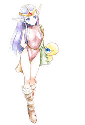  blue_eyes breasts earrings esper_(saga) female full_body jewelry leotard long_hair no_s pointy_ears purple_hair saga saga_1 saga_2 simple_background teacher_(saga_2) white_background 