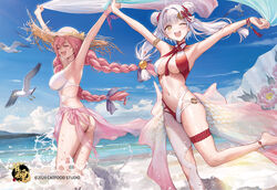  2girls ;d ahoge ame_(uten_cancel) animal armpits arms_up ass bare_shoulders barefoot beach bikini bird blue_sky blush braid breasts closed_eyes cloud collarbone day double_bun fu_ji fujita_kana hair_bun hat highres holding horizon long_hair looking_at_viewer mahjong_soul medium_breasts multiple_girls navel ocean official_art one_eye_closed open_mouth outdoors pink_hair sarong seabird seagull sky smile straw_hat swimsuit thighs twin_braids very_long_hair wading water wet white_hair yellow_eyes 