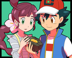  1boy amada braid braided_ponytail brown_hair chloe_(pokemon) commentary_request eyelashes female flower fossil green_eyes hair_flower hair_ornament hat long_hair pokemon pokemon_(anime) pokemon_journeys satoshi_(pokemon) shirt short_hair short_sleeves white_shirt 