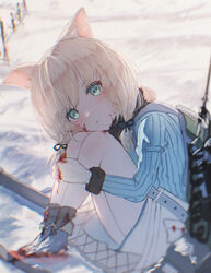  animal_ears ankodesoy ash_arms b-4_(ash_arms) blood blood_on_face blurry blurry_background blurry_foreground blush boots cat_ears commentary female green_eyes looking_at_viewer medium_hair platinum_blonde_hair sitting snow snowing solo symbol-only_commentary 