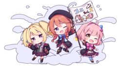  3girls :o ;d ahoge asymmetrical_legwear bangle belt belt_buckle beret black_belt black_coat black_footwear black_headwear black_legwear blonde_hair blue_bow blue_legwear blush boots bow bow_hairband bracelet braid brown_eyes brown_footwear brown_hair buckle candy chibi chieru_(princess_connect!) chloe_(princess_connect!) coat collared_shirt commentary dress elf flag food frilled_coat frilled_dress frilled_shirt frilled_skirt frills full_body green_neckwear grey_shirt hair_ornament hair_over_shoulder hairband hat holding holding_candy holding_flag holding_food holding_lollipop hood hood_down hooded_coat index_finger_raised jewelry knee_boots kneehighs lollipop long_sleeves looking_at_viewer multiple_girls one_eye_closed open_clothes open_coat open_mouth outstretched_arm pantyhose parted_lips pink_bow pink_hair pink_legwear plaid plaid_skirt pleated_skirt pointy_ears princess_connect! purple_eyes red_skirt school_uniform setmen shirt shoes short_hair single_sock single_thighhigh skirt sleeves_past_wrists smile smoke socks st._theresa&#039;s_girls_academy_school_uniform standing standing_on_one_leg star_(symbol) star_hair_ornament star_in_eye symbol-only_commentary symbol_in_eye thighhighs translated twin_braids twintails uneven_legwear v-shaped_eyebrows white_background white_dress white_shirt yuni-chan yuni_(princess_connect!) 