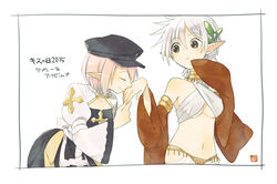  2girls alternate_color arch_bishop_(ragnarok_online) ark_kan bikini black_dress black_headwear breasts brown_eyes butterfly_hair_ornament cabbie_hat closed_eyes closed_mouth commentary_request cowboy_shot cross dated detached_sleeves dress gypsy_(ragnarok_online) hair_between_eyes hair_ornament halterneck hat jewelry juliet_sleeves kissing kissing_hand long_sleeves looking_at_another medium_breasts mismatched_bikini multiple_girls navel necklace pants pink_hair pointy_ears puffy_sleeves ragnarok_online red_sleeves short_hair simple_background smile swimsuit translated two-tone_dress underboob white_background white_dress white_hair white_pants yellow_bikini 