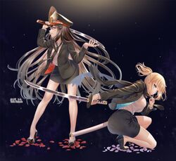  2girls alternate_costume artist_name bare_legs black_footwear black_hair black_jacket black_necktie black_skirt blonde_hair blue_eyes breasts closed_mouth commentary_request contemporary fate/grand_order fate_(series) full_body hakuda_tofu high_heels holding holding_sword holding_weapon jacket katana koha-ace leaning_forward legs long_hair looking_at_viewer medium_breasts multiple_girls necktie no_socks oda_nobunaga_(fate) oda_nobunaga_(koha-ace) office_lady okita_souji_(fate) okita_souji_(koha-ace) on_one_knee pencil_skirt petals ponytail red_eyes sheath shiny_footwear shirt short_hair sidelocks skirt smile standing straight_hair sword unsheathed very_long_hair weapon white_shirt 