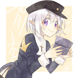  ark_kan black_dress black_hat black_thighhighs blush border box closed_mouth commentary_request cowboy_shot cross dress female garter_straps habit hair_between_eyes hat holding holding_box juliet_sleeves long_sleeves looking_at_viewer nun pointy_ears priest_(ragnarok_online) puffy_sleeves purple_eyes ragnarok_online short_hair smile solo star_(symbol) thighhighs white_border white_hair 