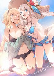  2girls bare_shoulders bikini black_bikini blonde_hair blue_bikini blue_eyes blue_jacket blush braid braided_ponytail breasts cleavage collarbone fate/grand_order fate_(series) hairband hat hood hooded_jacket jacket jeanne_d&#039;arc_(fate) jeanne_d&#039;arc_(swimsuit_archer)_(fate) jeanne_d&#039;arc_(swimsuit_archer)_(first_ascension)_(fate) jewelry large_breasts long_hair long_sleeves looking_at_viewer marie_antoinette_(fate) marie_antoinette_(swimsuit_caster)_(fate) marie_antoinette_(swimsuit_caster)_(third_ascension)_(fate) medium_breasts multiple_girls necklace no-kan ocean off_shoulder one_eye_closed open_mouth outdoors sidelocks smile sun_hat swimsuit thighs twintails very_long_hair wading white_hair 