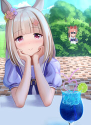  2girls agnes_digital_(umamusume) animal_ears binoculars blush bow commentary_request crazy_straw drink drinking_straw hair_ornament hairbow happy_meek_(umamusume) highres horse_ears horse_girl kashmir_0808 looking_at_viewer multiple_girls open_mouth pink_hair pov pov_adoring school_uniform table tracen_school_uniform translation_request umamusume white_hair 