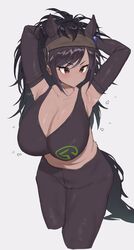  alternate_breast_size animal_ears armpits arms_behind_head arms_up black_hair breasts bridle brown_eyes brown_hair brown_legwear brown_sports_bra brown_thoroughbred_(kemono_friends) cleavage closed_mouth cropped_legs dark-skinned_female dark_skin elbow_gloves expressionless extra_ears female gloves high-waist_pants highres horse_ears horse_girl horse_tail huge_breasts japan_racing_association kakanashi1 kemono_friends long_hair looking_to_the_side multicolored_hair pants pantyhose parted_bangs simple_background solo sports_bra sportswear stomach sweat tail tan two-tone_hair white_background 