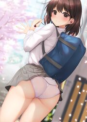  accidental_exposure ass bag brown_eyes brown_hair carrying_bag cherry_blossoms closed_mouth clothes_lift commentary_request female from_behind grey_skirt in-ear_earphones long_sleeves looking_at_viewer looking_back minato_ojitan original panties petals pleated_skirt school_bag school_uniform shirt shirt_tucked_in short_hair skirt skirt_lift smile solo standing underwear white_panties white_shirt 