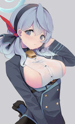  absurdres akinoji_(akiponpon27) ako_(blue_archive) bell black_coat black_gloves black_hairband blue_archive blue_eyes blue_hair blush breasts buttons center_opening closed_mouth coat commentary cowbell cowlick double-breasted ear_piercing embarrassed female gloves grey_background hair_between_eyes hair_ribbon hairband half_gloves halo hand_in_own_hair highres large_breasts light_blue_hair long_sleeves looking_at_viewer medium_hair neck_bell no_bra piercing red_ribbon ribbon see-through sideboob sideless_outfit sideless_shirt simple_background solo sweatdrop uniform upper_body 