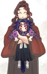  2boys :o ^_^ animal_ears black_hair blue_hair brown_hair carrying cat_boy cat_ears cat_tail closed_eyes collaboration colored_sclera earrings extra_eyes facial_mark facing_viewer hakama happy highres hug hug_from_behind japanese_clothes jewelry katana kimetsu_no_yaiba kimono kokushibou long_hair long_sleeves looking_at_viewer male_focus multiple_boys nai_(pixiv27684548) ponytail red_sclera rose_c sandals smile sword tabi tail text_in_eyes tsugikuni_yoriichi weapon wide_sleeves yellow_eyes zouri 