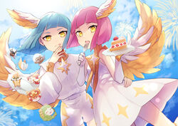  1boy afk_arena blue_hair cake cake_slice elijah_(afk_arena) female food fork head_wings highres holding holding_fork izusan_14 lailah_(afk_arena) looking_at_viewer open_mouth pink_hair wings yellow_eyes 