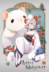  2020 akeome animal animal_ears black_footwear brown_eyes bug butterfly chinese_zodiac commentary female flower furisode grey_hair haori happy_new_year highres japanese_clothes kimono long_sleeves low_twintails moguta_(moguta9) mouse_(animal) mouse_ears nengajou new_year obi open_mouth original oversized_animal pink_flower rope sandals sash shimenawa sitting smile solo swept_bangs tablet_pc translated twintails white_kimono white_legwear wide_sleeves year_of_the_rat 