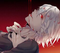  1boy black_shirt blood fingernails gradient_background grey_hair highres kemono_jihen long_fingernails looking_at_viewer male_focus mihai_florescu nyazuta pointy_ears red_eyes sharp_fingernails shirt simple_background solo vampire 