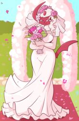  absol absurd_res anthro aphrodite_the_absol blush claws clothing dress female flower fuf generation_3_pokemon gown hi_res looking_at_viewer nintendo plant pokemon pokemon_(species) shiny_pokemon smile solo tail wedding wedding_dress 