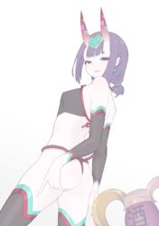  absurdres ass back bare_shoulders black_fundoshi black_thighhighs breasts chinese_clothes club_(weapon) commentary detached_sleeves dudou earrings eyeliner fate/grand_order fate_(series) female forehead_jewel fundoshi highres horns japanese_clothes jewelry long_sleeves looking_at_viewer looking_back low_twintails makeup oni open_mouth peachyp petite pointy_ears purple_eyes purple_hair revealing_clothes short_eyebrows short_hair short_twintails shuten_douji_(fate) shuten_douji_(halloween_caster)_(fate) simple_background skin-covered_horns small_breasts smile solo spiked_club symbol-only_commentary thighhighs thighs twintails weapon white_background 