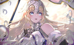  armor armored_dress blonde_hair blue_eyes braid breasts chains fate/apocrypha fate_(series) faulds female gauntlets headpiece highres jeanne_d&#039;arc_(fate) jeanne_d&#039;arc_(third_ascension)_(fate) large_breasts long_braid long_hair looking_away nonaginta_novem open_mouth photoshop_(medium) solo very_long_hair 