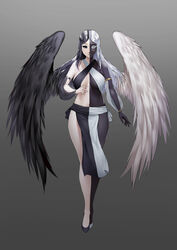  absurdres angel_and_devil angel_wings armlet asymmetrical_hair asymmetrical_wings bangs black_eyes black_hair black_skin black_wings bracelet colored_eyelashes colored_skin commission english_commentary exv feathered_wings female full_body gradient gradient_background grey_background heterochromia highres jewelry long_hair mismatched_sclera multicolored multicolored_hair multicolored_skin original pale_skin parted_bangs pelvic_curtain second-party_source see-through solo split_theme two-tone_hair white_eyes white_hair wings 