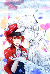  1boy :d ae-3803 black_shirt breast_pocket bubble cabbie_hat closed_eyes commentary couple cropped_jacket female floating flower gloves hair_between_eyes hair_over_one_eye hand_on_another&#039;s_head hands_on_own_chest happy hat hataraku_saibou highres hug jacket light_blush light_smile looking_at_another open_clothes open_jacket open_mouth outstretched_hand pink_flower pocket purple_flower red_blood_cell_(hataraku_saibou) red_hair red_headwear red_jacket reflection shirt short_hair side-by-side smile straight submerged translated u-1146 underwater upper_body white_blood_cell_(hataraku_saibou) white_gloves white_headwear white_shirt xxmarchxx yellow_eyes yellow_flower 