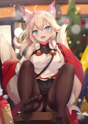  absurdres ahoge animal_ear_fluff animal_ears black_pantyhose blonde_hair blue_eyes blurry blurry_background blush female fox_ears fox_tail highres inaho_(world_flipper) long_hair looking_at_viewer oerba_yun_fang open_mouth pantyhose pleated_skirt sitting skin_fang skirt solo tail touhourh world_flipper 