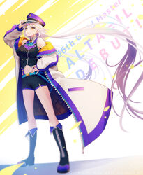  absurdly_long_hair absurdres alta_il ascot bare_shoulders belt black_footwear black_jacket black_shorts blue_belt boots brooch coat collared_shirt commentary_request english_text female floating_hair full_body hair_between_eyes hand_on_headwear hand_on_own_hip hat highres jacket jewelry kotomuku long_hair long_sleeves maha5 maha5japan midriff navel off_shoulder purple_hat shirt short_shorts shorts sleeveless sleeveless_jacket sleeveless_shirt smile solo standing suspenders twintails very_long_hair virtual_youtuber white_coat white_hair white_shirt yellow_eyes zipper_footwear 