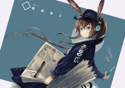  absurdres amiya_(arknights) amiya_(newsgirl)_(arknights) animal_ears arknights blue_background blue_coat blue_eyes blue_hat brown_hair closed_mouth coat commentary_request dutch_angle english_text expressionless female hair_between_eyes hakua_mill hat headphones highres holding holding_knife holding_newspaper jewelry knife long_hair long_sleeves looking_away multiple_rings newspaper official_alternate_costume ponytail rabbit_ears ring solo upper_body white_background 