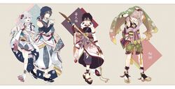  4boys :d absurdres arms_up bare_shoulders black_hair blue_eyes blue_hair brothers clothing_request dark_blue_hair detached_sleeves earrings flower full_body hair_between_eyes hair_flower hair_ornament highres holding iwakiyamayukisatoshironanogojuurokushi_akira iwakiyamayukisatoshironanogojuurokushi_yui japanese_clothes jewelry kemono_jihen kneehighs kusaka_kabane light_brown_hair male_focus multiple_boys nail_polish nyazuta obi open_mouth otoko_no_ko red_eyes sandals sash siblings smile socks standing tademaru_shiki walking white_hair 