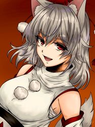  animal_ear_fluff animal_ears detached_sleeves dutch_angle female gradient_background hat inubashiri_momiji looking_at_viewer open_mouth pom_pom_(clothes) red_background red_eyes red_hat sarashi shiraniwa_rin solo tail tokin_hat touhou upper_body white_hair wolf_ears wolf_tail 