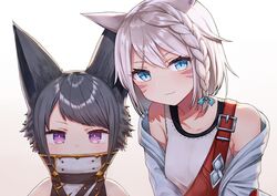  2girls :3 animal_ear_fluff animal_ears azu_(azusayumix) bare_shoulders black_hair blue_bow blue_eyes blush bow braid breasts brown_background casual_attire_(ff14) closed_mouth collarbone commentary_request covered_mouth facial_mark fanny_pack final_fantasy final_fantasy_xiv gradient_background grey_jacket hairbow high_collar highres jacket looking_at_viewer medium_breasts miqo&#039;te multiple_girls off_shoulder open_clothes open_jacket purple_eyes short_hair tank_top warrior_of_light_(ff14) whisker_markings white_background white_hair white_tank_top 