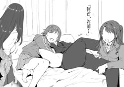  1boy 3girls d: formal grabbing greyscale highres honda_mio hood hoodie idolmaster idolmaster_cinderella_girls indoors jacket long_hair looking_at_another monochrome multiple_girls new_generations_(idolmaster) no_eyes on_bed open_mouth otochichi producer_(idolmaster) producer_(idolmaster_cinderella_girls_anime) restrained shibuya_rin shimamura_uzuki short_hair skirt speech_bubble straight suit suit_jacket translation_request undressing 