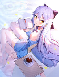  bad_id bad_pixiv_id bare_shoulders blue_jacket book bookmark bow brown_bow closed_mouth commentary_request cup dress female hair_between_eyes hairbow holding holding_book holding_tray jacket long_hair long_sleeves looking_at_viewer looking_back no_shoes off_shoulder open_book original out_of_frame petals pillow ririko_(zhuoyandesailaer) saegusa_riko saucer sitting sleeveless sleeveless_dress solo_focus spoon thighhighs tray very_long_hair wariza white_dress white_hair white_thighhighs yellow_eyes 