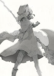  boots capelet dress fate_(series) feet_out_of_frame female fur_trim gray_(fate) greyscale hood hood_up legs_apart light_particles long_sleeves looking_at_viewer lord_el-melloi_ii_case_files monochrome ono-yuzi polearm simple_background solo standing weapon 