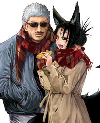  1boy :d animal_ears bag black_hair black_nails black_sclera black_shirt closed_mouth coat colored_sclera couple doitsuken facial_hair female fingernails food fox_ears fox_tail grey_coat grey_jacket grey_pants hair_bun hands_in_pockets holding holding_bag jacket kitsune_spirit_(doitsuken) long_sleeves moustache multiple_tails nail_polish open_mouth original pants paper_bag red_scarf scarf sharp_fingernails sharp_teeth shirt simple_background single_hair_bun smile straight sunglasses tail taiyaki teeth wagashi white_background white_hair yellow_eyes 