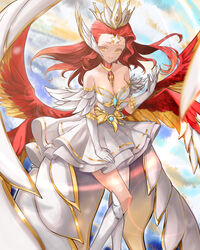  absurdres afk_arena angel angel_wings breasts cleavage dress elbow_gloves feathered_wings female gloves hanasawa_(pixiv53877974) head_wings highres large_breasts long_hair orange_hair talene_(afk_arena) white_dress white_gloves white_legwear wings yellow_eyes 