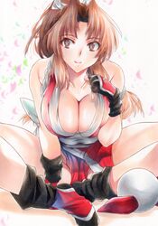  absurdres bare_shoulders blush breasts brown_hair cleavage closed_mouth fatal_fury female fingerless_gloves gloves highres indian_style japanese_clothes large_breasts lips long_hair looking_at_viewer ninja parted_bangs pelvic_curtain ponytail red_eyes revealing_clothes rozarin shiranui_mai simple_background sitting smile socks solo the_king_of_fighters thighs traditional_media 