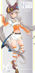  absurdres alternate_costume animal_ears cat_ears facial_mark female full_body grey_hair hat highres hood kiiro_kimi long_hair low_twintails midriff navel nia_(blade)_(xenoblade) nia_(xenoblade) short_shorts shorts solo striped_clothes striped_thighhighs thighhighs twintails very_long_hair white_shorts xenoblade_chronicles_(series) xenoblade_chronicles_2 yellow_eyes 