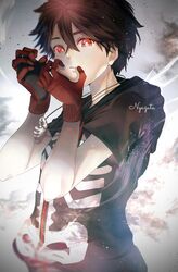  1boy absurdres artist_name black_shirt gloves highres kemono_jihen kusaka_kabane male_focus nyazuta red_eyes shirt short_hair short_sleeves skeleton_print solo upper_body 