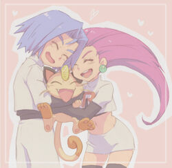  1boy blue_hair closed_eyes commentary_request crop_top earrings fangs female hair_slicked_back heart hug james_(pokemon) jessie_(pokemon) jewelry long_hair meowth midriff miniskirt navel open_mouth oto photoshop_(medium) pokemon pokemon_(anime) pokemon_(classic_anime) pokemon_(creature) red_hair skirt smile team_rocket team_rocket_uniform thighhighs white_skirt 