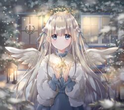  angel angel_wings arms_up blue_dress blue_eyes blurry blurry_foreground candle christmas christmas_lights christmas_wreath door dress english_commentary expressionless feathered_wings female fur_jacket grey_hair hair_ornament hair_ribbon halo high_collar highres hoshiibara_mato ivy jacket lantern light_blush long_hair looking_at_viewer night original outdoors pine_tree ribbon snow solo standing star_(symbol) tree upper_body very_long_hair white_wings window wings winter wreath 